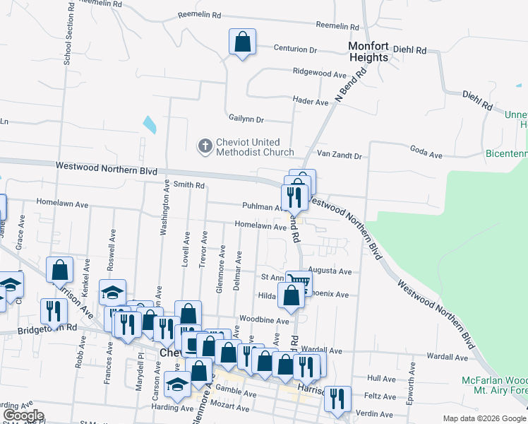 map of restaurants, bars, coffee shops, grocery stores, and more near 3615 Puhlman Avenue in Cincinnati