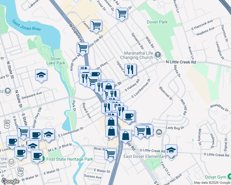 map of restaurants, bars, coffee shops, grocery stores, and more near 17 South Edgehill Avenue in Dover