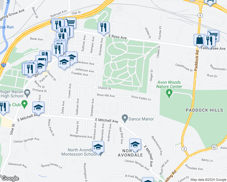 map of restaurants, bars, coffee shops, grocery stores, and more near 553 Church Street in Cincinnati