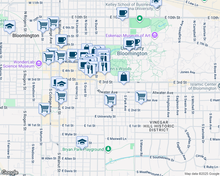map of restaurants, bars, coffee shops, grocery stores, and more near 301 South Indiana Avenue in Bloomington