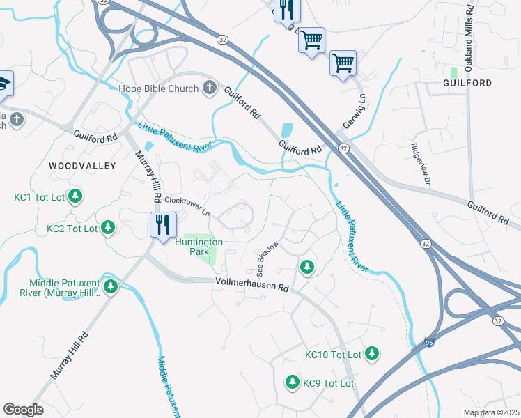 map of restaurants, bars, coffee shops, grocery stores, and more near 9491 Clocktower Lane in Columbia