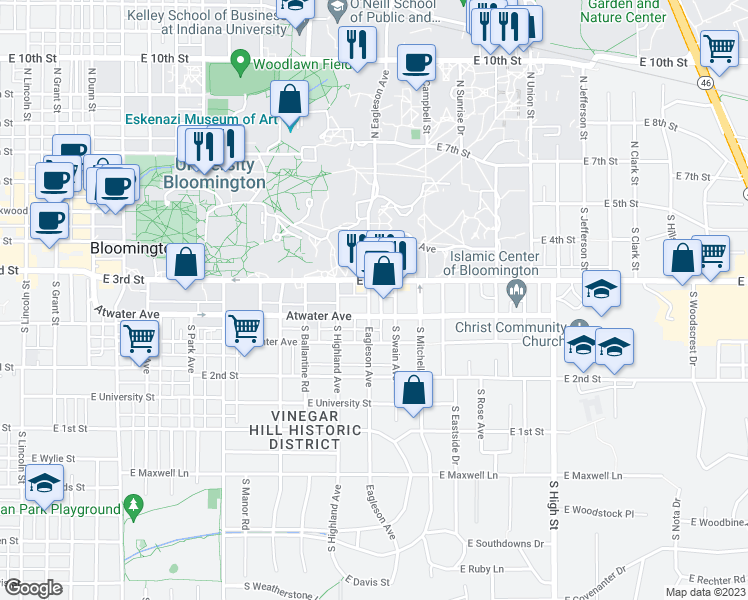 map of restaurants, bars, coffee shops, grocery stores, and more near 321 South Jordan Avenue in Bloomington