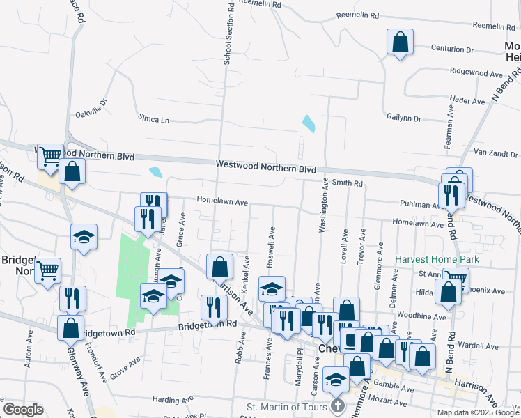 map of restaurants, bars, coffee shops, grocery stores, and more near 4123 Homelawn Avenue in Cincinnati