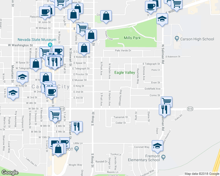 map of restaurants, bars, coffee shops, grocery stores, and more near 105 South Harbin Avenue in Carson City