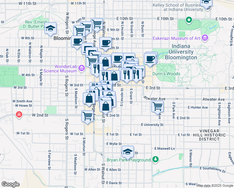 map of restaurants, bars, coffee shops, grocery stores, and more near 331 South Washington Street in Bloomington