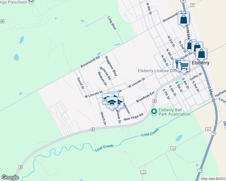 map of restaurants, bars, coffee shops, grocery stores, and more near 818 West Lincoln Street in Elsberry