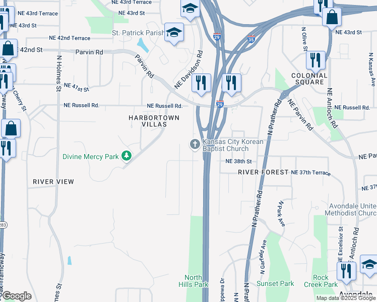 map of restaurants, bars, coffee shops, grocery stores, and more near 3815 North Flora Avenue in Kansas City