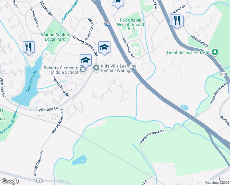 map of restaurants, bars, coffee shops, grocery stores, and more near 18837 Summer Oak Court in Germantown