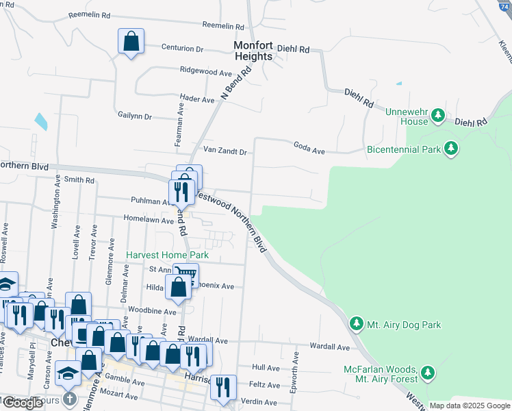 map of restaurants, bars, coffee shops, grocery stores, and more near 4114 Boudinot Avenue in Cincinnati