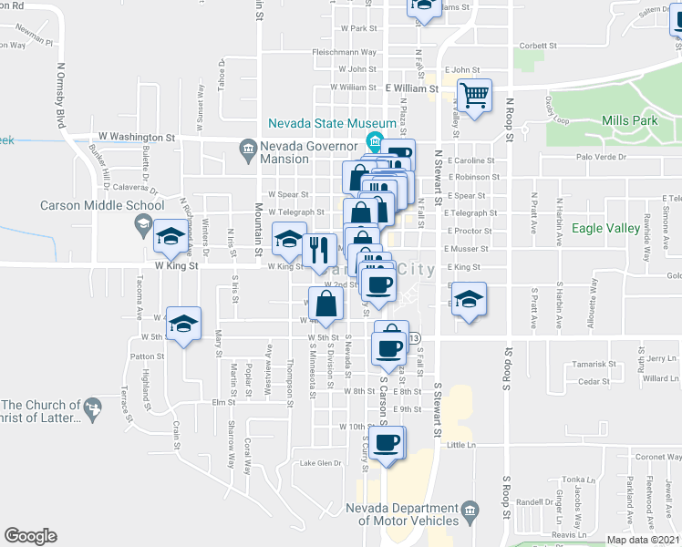 map of restaurants, bars, coffee shops, grocery stores, and more near 305 West King Street in Carson City