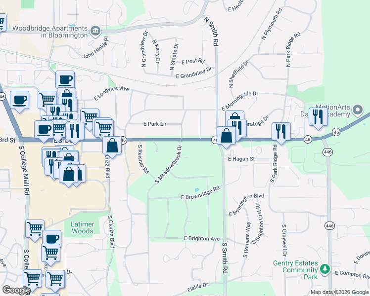 map of restaurants, bars, coffee shops, grocery stores, and more near 301-399 S Meadowbrook Dr in Bloomington