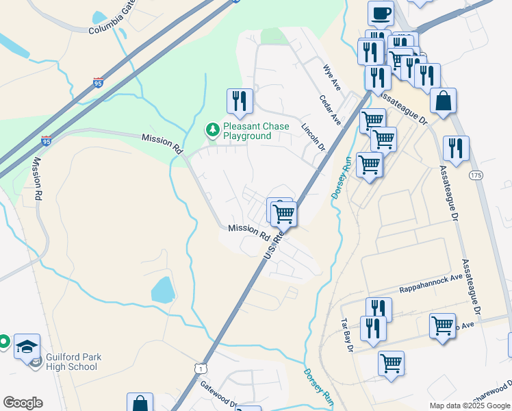 map of restaurants, bars, coffee shops, grocery stores, and more near 8121 Mission Hill Place in Jessup