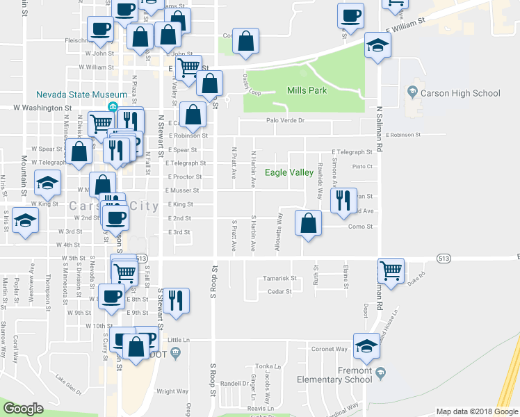 map of restaurants, bars, coffee shops, grocery stores, and more near 103 South Harbin Avenue in Carson City