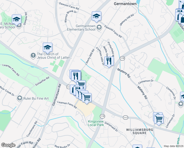 map of restaurants, bars, coffee shops, grocery stores, and more near 18811 Sparkling Water Drive in Germantown