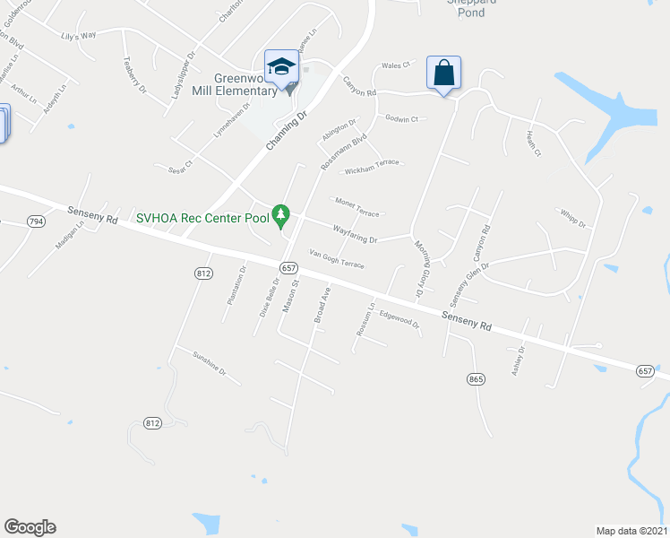 map of restaurants, bars, coffee shops, grocery stores, and more near 114 Van Gogh Terrace in Winchester
