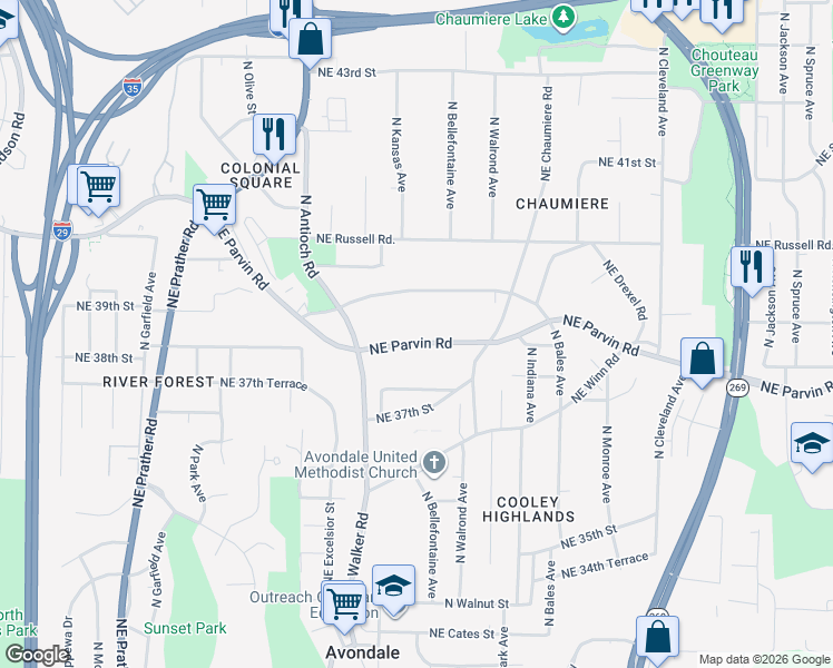 map of restaurants, bars, coffee shops, grocery stores, and more near 2928 Northeast Parvin Road in Kansas City