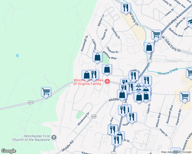 map of restaurants, bars, coffee shops, grocery stores, and more near 2176 Harvest Drive in Winchester