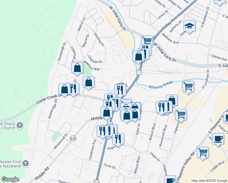 map of restaurants, bars, coffee shops, grocery stores, and more near 544 Hillman Drive in Winchester