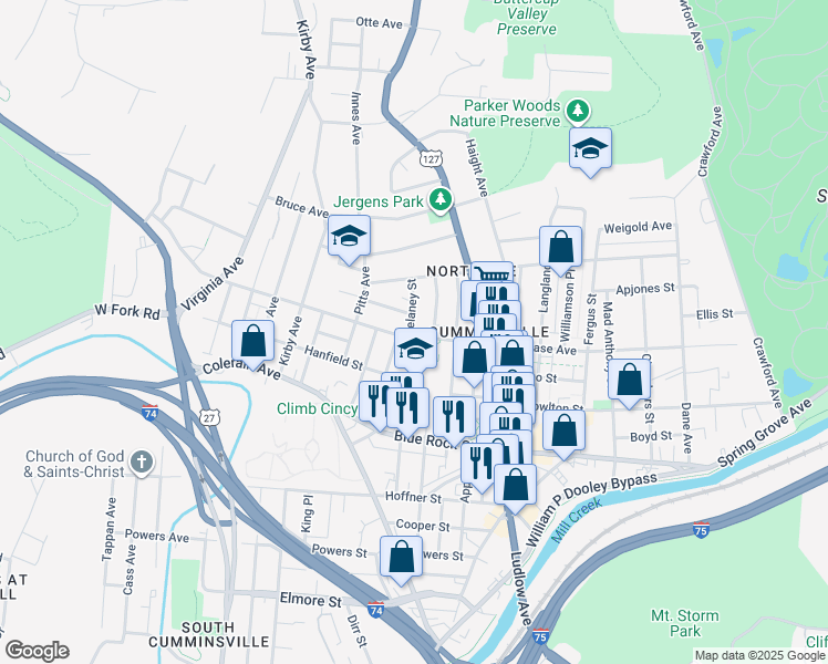 map of restaurants, bars, coffee shops, grocery stores, and more near 4200 Delaney Street in Cincinnati