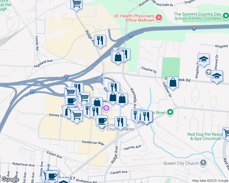 map of restaurants, bars, coffee shops, grocery stores, and more near 4960 Ridge Avenue in Cincinnati