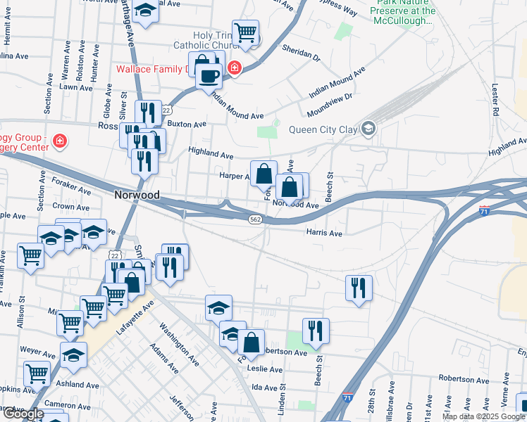 map of restaurants, bars, coffee shops, grocery stores, and more near 4813 Forest Avenue in Cincinnati