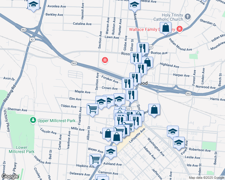 map of restaurants, bars, coffee shops, grocery stores, and more near 2057 Crown Avenue in Cincinnati