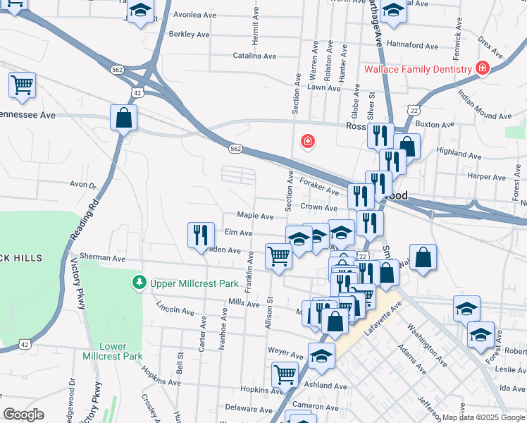 map of restaurants, bars, coffee shops, grocery stores, and more near 1941 Maple Avenue in Cincinnati