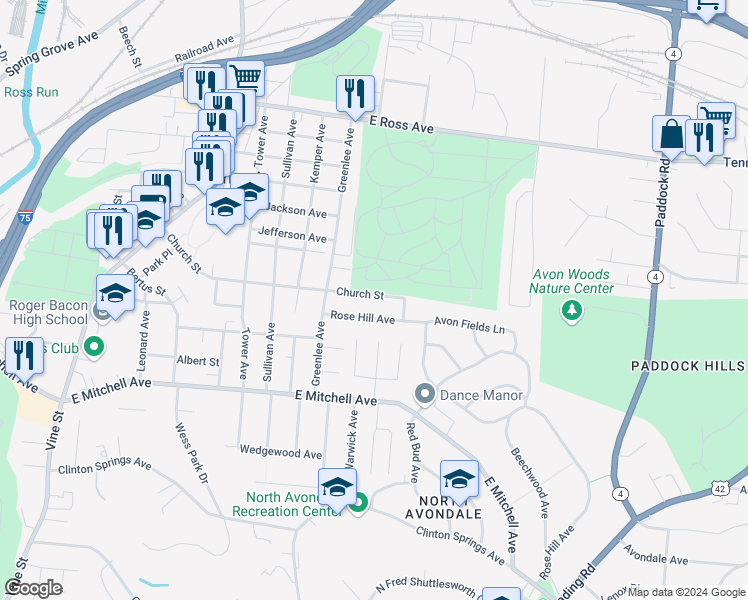 map of restaurants, bars, coffee shops, grocery stores, and more near 553 Church Street in Cincinnati
