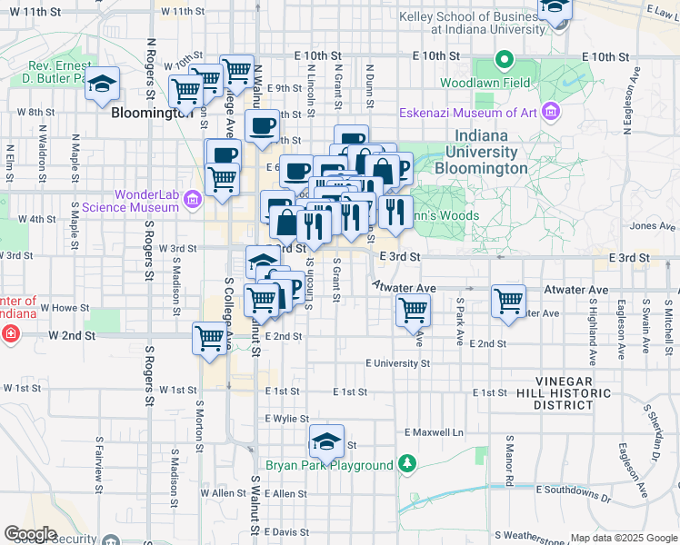 map of restaurants, bars, coffee shops, grocery stores, and more near 330 South Dunn Street in Bloomington