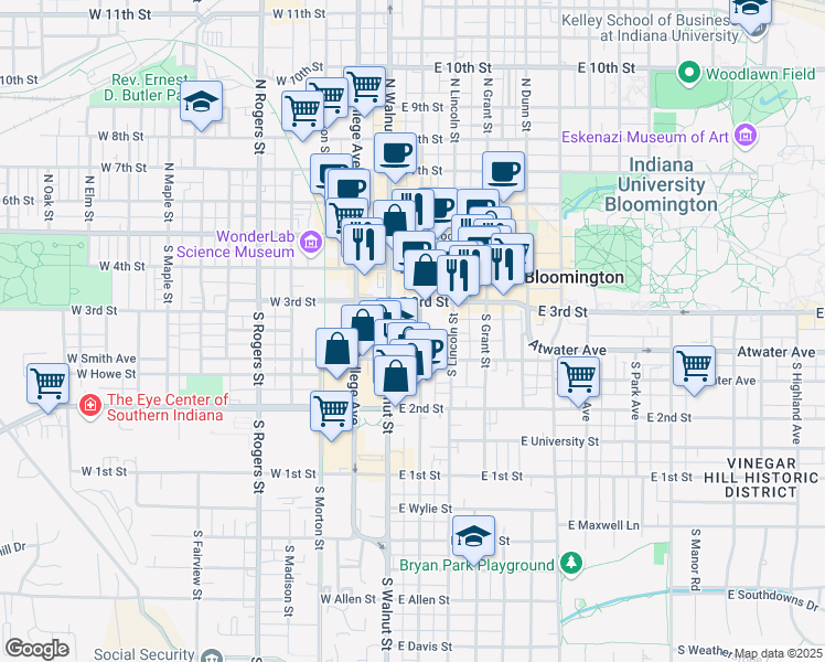 map of restaurants, bars, coffee shops, grocery stores, and more near 331 South Washington Street in Bloomington