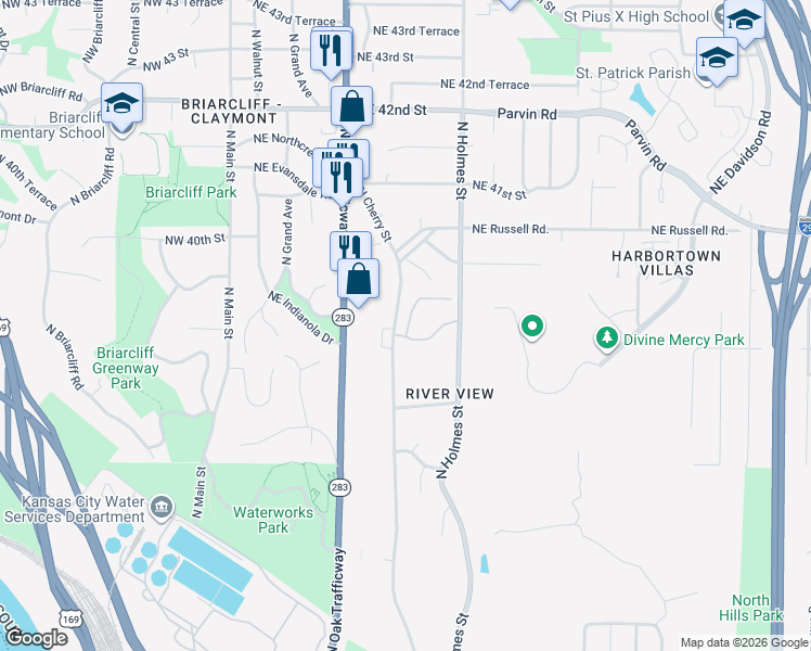 map of restaurants, bars, coffee shops, grocery stores, and more near 3740 North Cherry Street in Kansas City