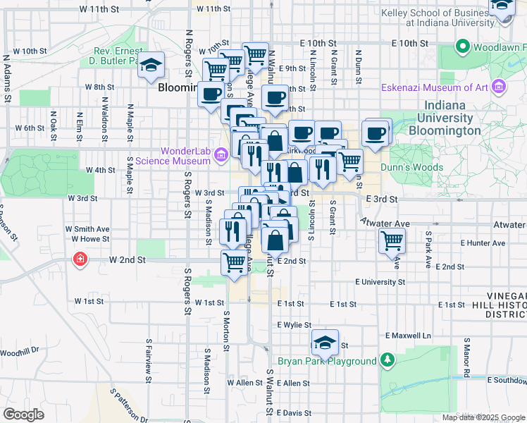 map of restaurants, bars, coffee shops, grocery stores, and more near 325 South Walnut Street in Bloomington