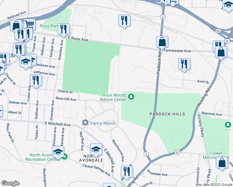 map of restaurants, bars, coffee shops, grocery stores, and more near 4604 Heger Drive in Cincinnati
