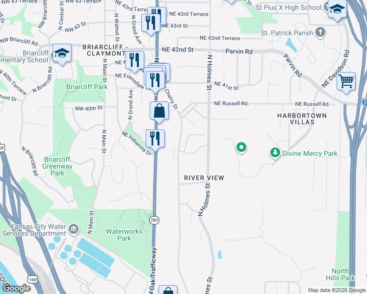 map of restaurants, bars, coffee shops, grocery stores, and more near 3740 North Cherry Street in Kansas City