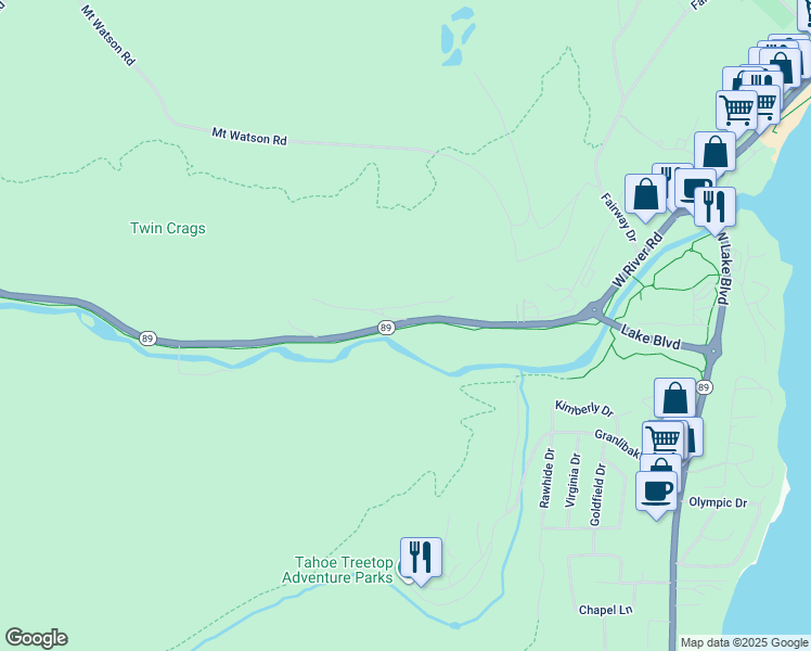 map of restaurants, bars, coffee shops, grocery stores, and more near 322 Twin Crags in Tahoe City