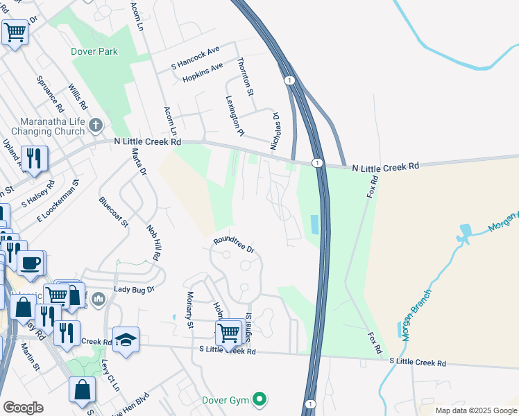 map of restaurants, bars, coffee shops, grocery stores, and more near 235 Rojan Road in Dover