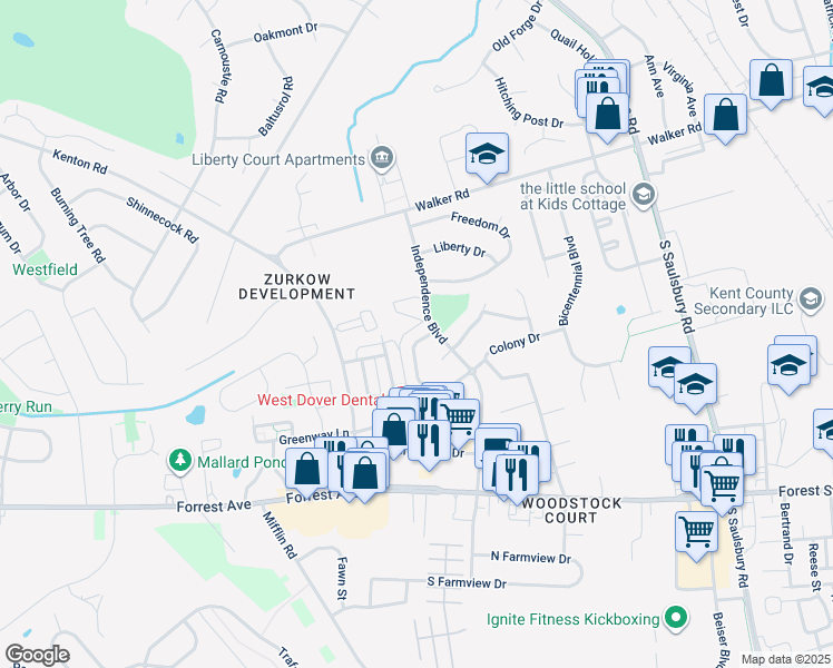 map of restaurants, bars, coffee shops, grocery stores, and more near 283 Green Blade Drive in Dover