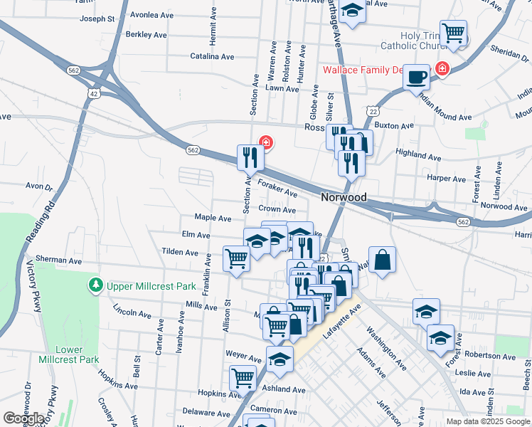 map of restaurants, bars, coffee shops, grocery stores, and more near 2025 Crown Avenue in Norwood