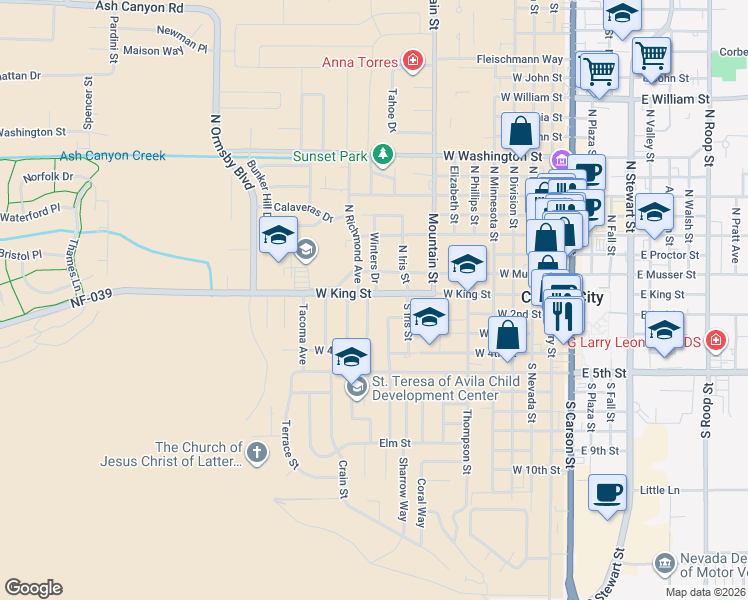 map of restaurants, bars, coffee shops, grocery stores, and more near 929 West King Street in Carson City
