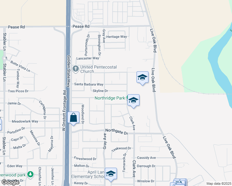 map of restaurants, bars, coffee shops, grocery stores, and more near 1041 Northridge Drive in Yuba City