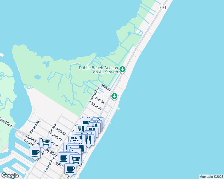 map of restaurants, bars, coffee shops, grocery stores, and more near 2901 Landis Avenue in Sea Isle City