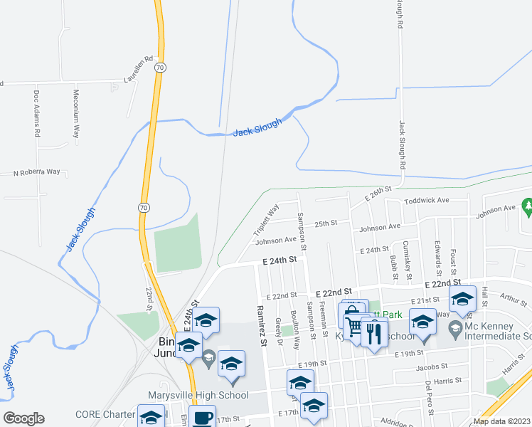 map of restaurants, bars, coffee shops, grocery stores, and more near 104 Triplett Way in Marysville