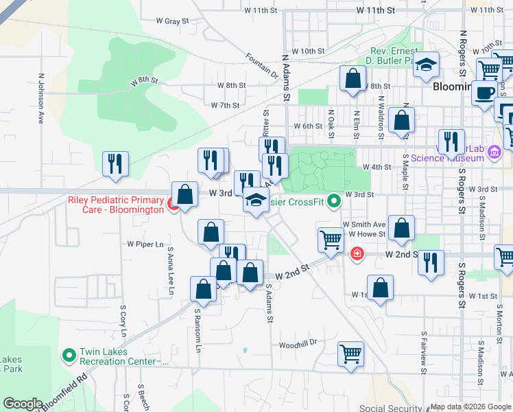 map of restaurants, bars, coffee shops, grocery stores, and more near South Patterson Drive in Bloomington