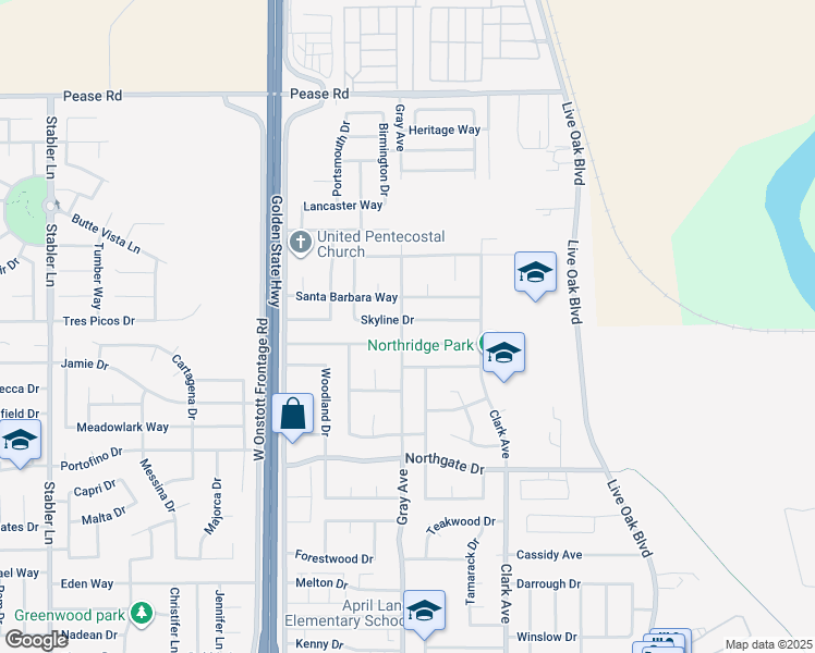 map of restaurants, bars, coffee shops, grocery stores, and more near 1092 Skyline Drive in Yuba City