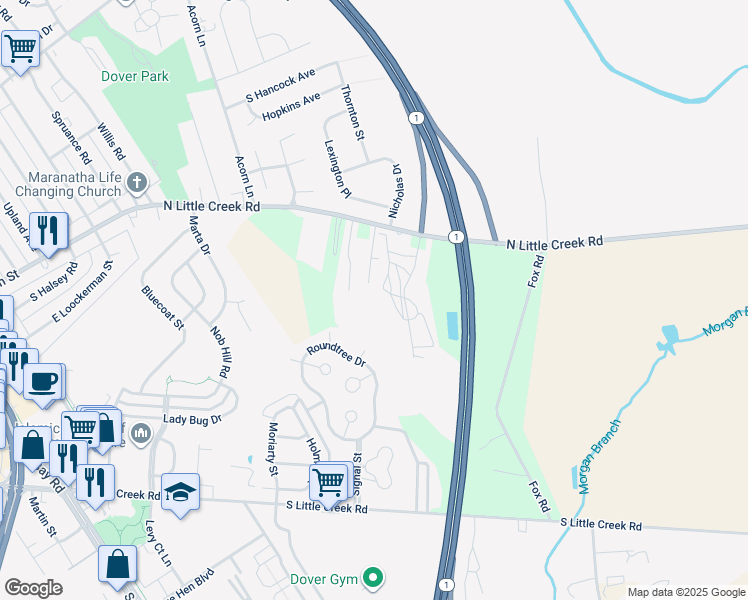 map of restaurants, bars, coffee shops, grocery stores, and more near 233 Rojan Road in Dover