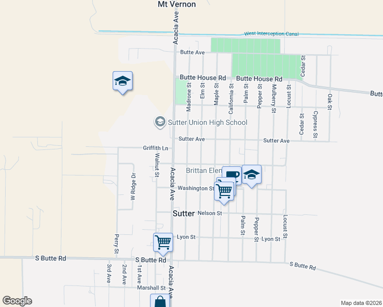 map of restaurants, bars, coffee shops, grocery stores, and more near 2441 Madrone Street in Sutter