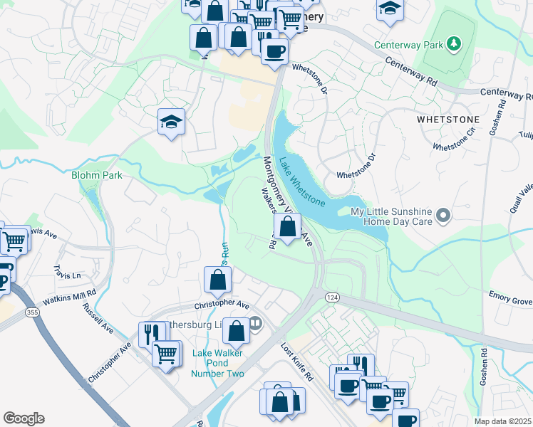 map of restaurants, bars, coffee shops, grocery stores, and more near 18720 Walkers Choice Road in Montgomery Village