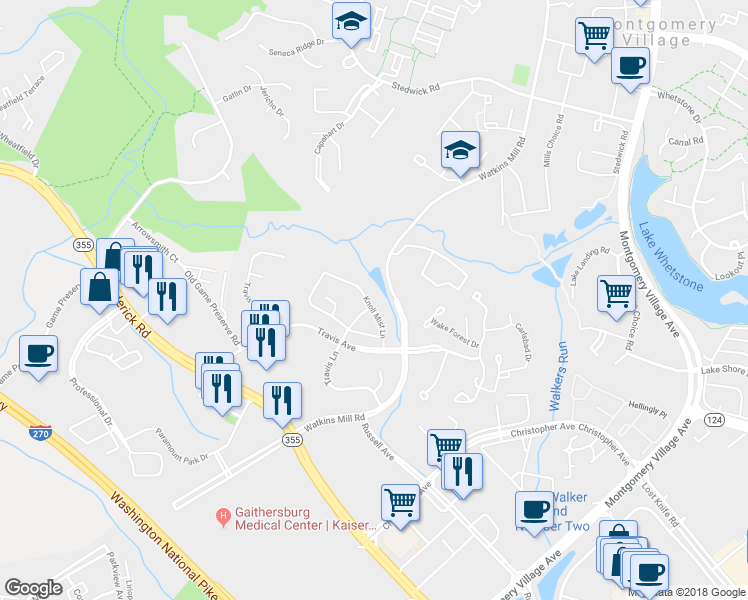 map of restaurants, bars, coffee shops, grocery stores, and more near 1211 Knoll Mist Lane in Gaithersburg