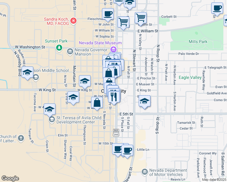 map of restaurants, bars, coffee shops, grocery stores, and more near in Carson City