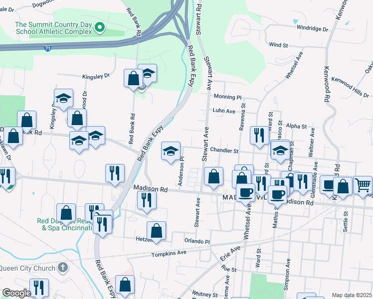 map of restaurants, bars, coffee shops, grocery stores, and more near 5063 Anderson Place in Cincinnati